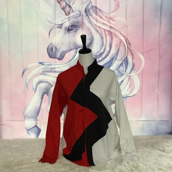 Chic Colorblock Button Down Shirt - Red, Black, White